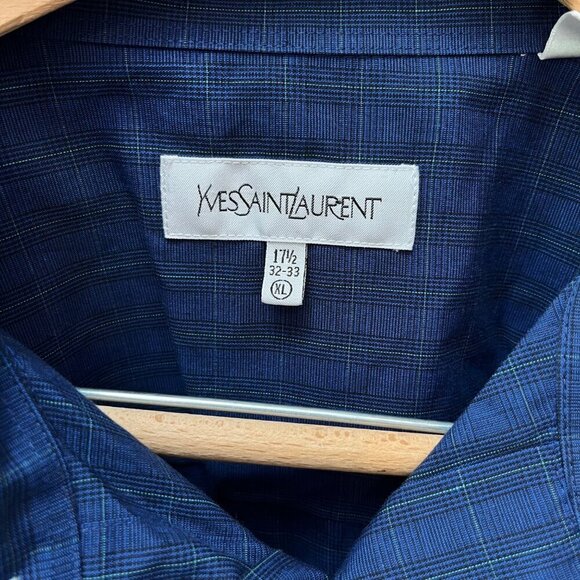 Vintage Yves Saint Laurent Mens Blue Plaid Dress Shirt 17 1/2 32-33 (XL) - Picture 2 of 5